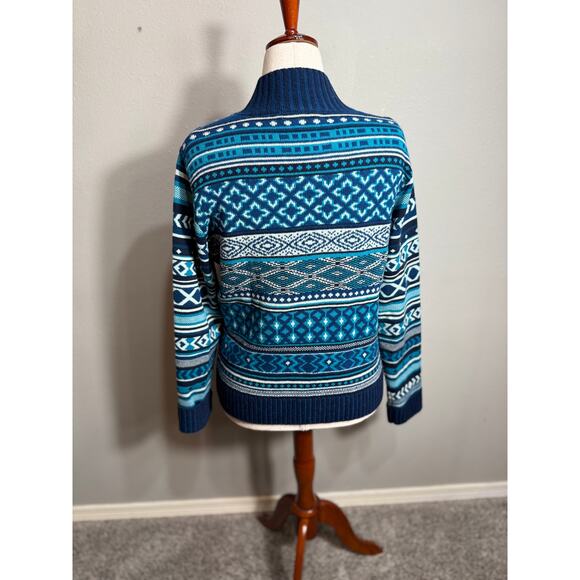 Title Nine cardigan sweater fair isle blue white mix pattern zip & pockets Sz L - Picture 5 of 8